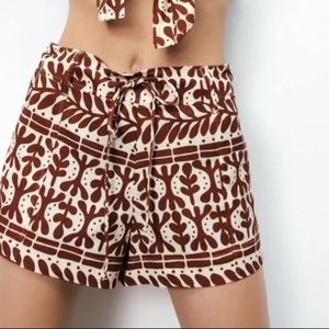 Zara Shorts Womens Small Brown Ivory Aztec Side Zip Draw String Linen Blend